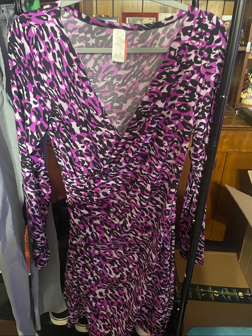 Purple Animal-Print Wrap Long Sleeve Dress